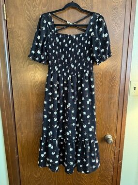 Black Floral Midi Dress with Puff Sleeves